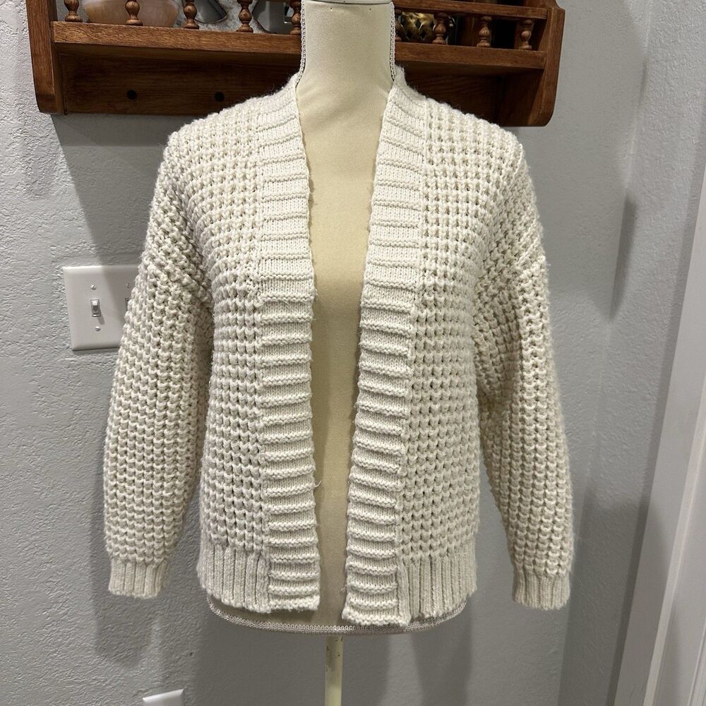 AE Chunky Waffle Knit Cream Cardigan Open Front XS American Eagle Outfitters